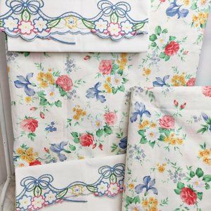 Vintage French Floral TWIN Flat Sheets 2 Martex Pink Blue Yellow Roses Embroider